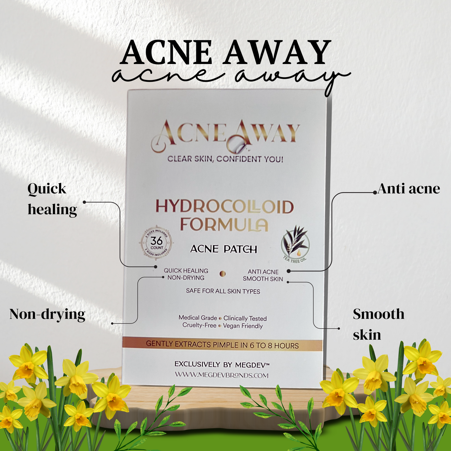 Acne Away acne patch features: Quick healing, Anti-acne, Smooth skin and Non-drying.